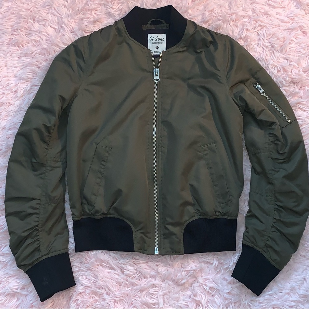 Green Bomber Jacket with Black Elastic Cuffs